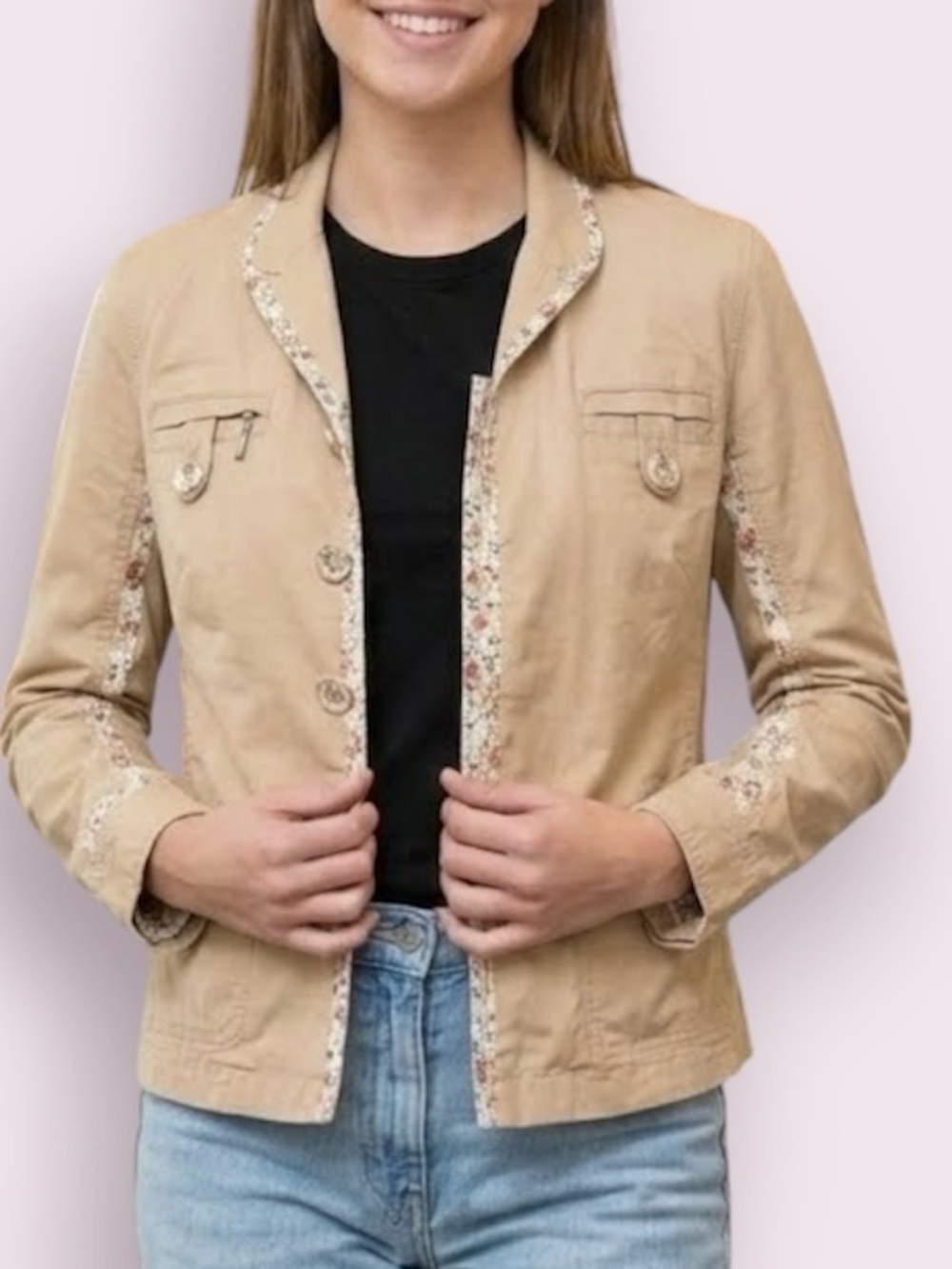 Wilson’s Leather Jacket Floral Trim Lining Tan Cottagecore Western Size Medium